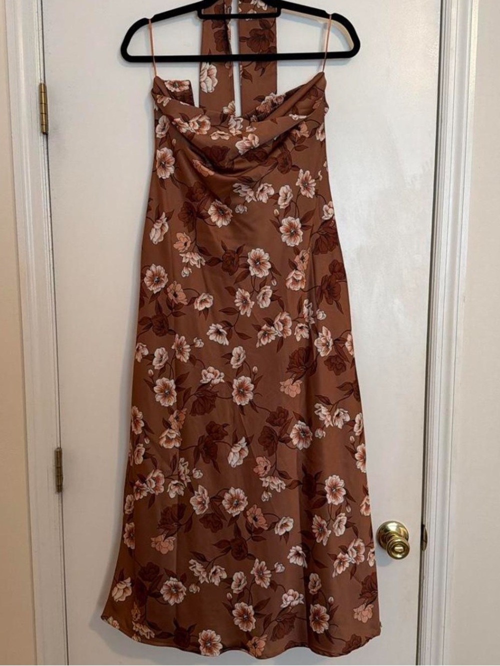 Sincerely Jules Brown Floral Midi Slip Dress with Cowl Neck